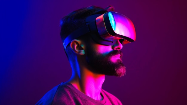 A man wearing a virtual reality headset in a neon light