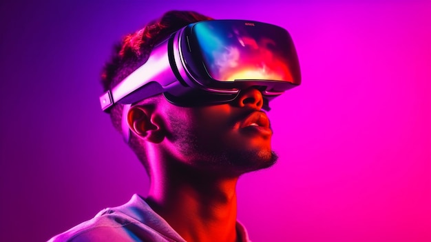 A man wearing a virtual reality headset in a pink and purple background