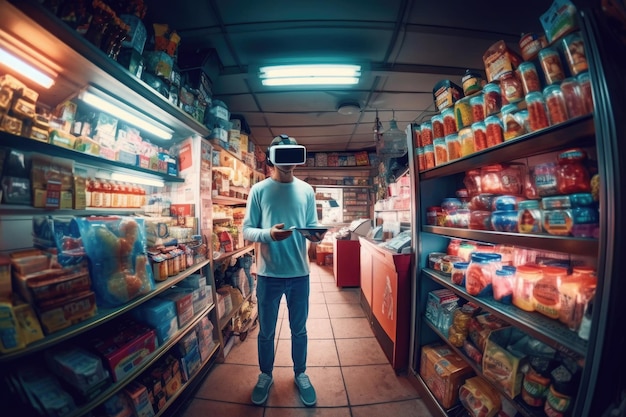 Man wearing virtual reality headset shopping in grocery store Generative AI