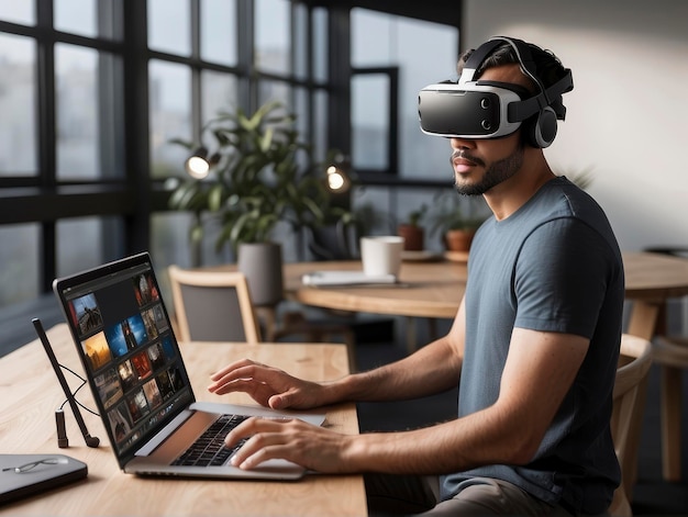 Photo a man wearing a virtual reality headset sitting at a table with a laptop