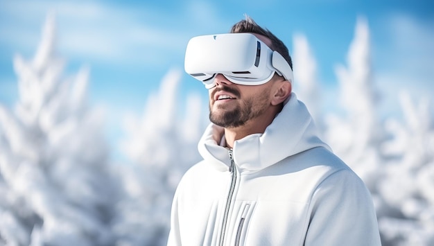 Man wearing virtual reality headset in snowy landscape