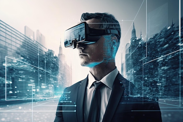 A man wearing a virtual reality headset stands in front of a cityscape.