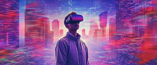 A man wearing a virtual reality headset stands in front of a cityscape.