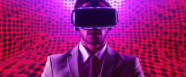 A man wearing a virtual reality headset stands in front of a pink background.