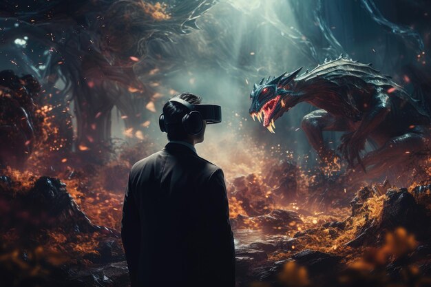 Foto uomo che indossa un visore per la realtà virtuale e un drago surreale occhiali vr ia generativa