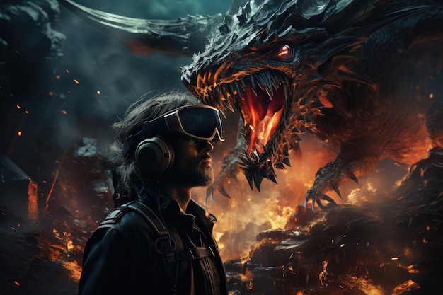 Man wearing virtual reality headset and surreal dragon VR goggles Generative AI