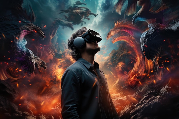 Man wearing virtual reality headset and surreal dragon VR goggles Generative AI