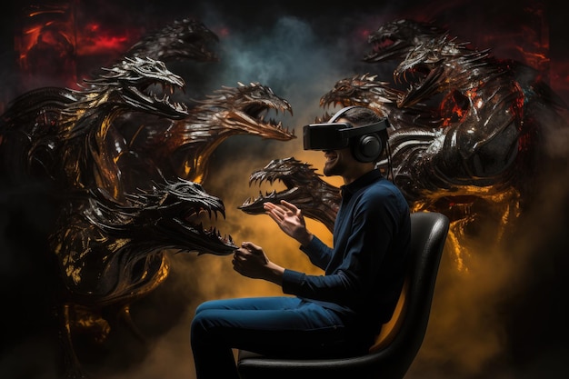 Man wearing virtual reality headset and surreal dragon VR goggles Generative AI