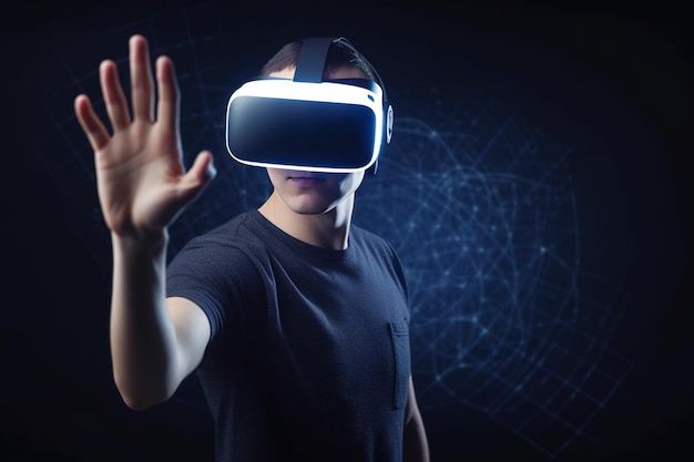 a man wearing a virtual reality headset touching the virtual object on blue tech background