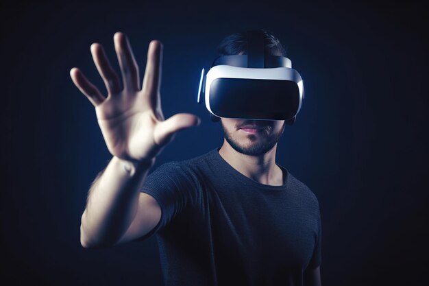 a man wearing a virtual reality headset touching the virtual object on blue tech background