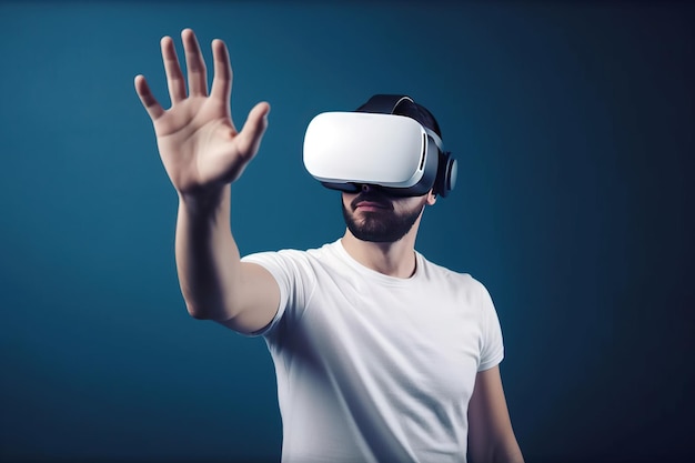 a man wearing a virtual reality headset touching the virtual object on blue tech background