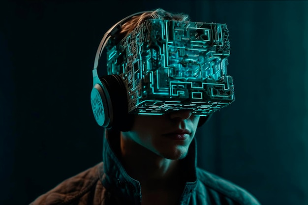Foto un uomo che indossa un auricolare di realtà virtuale con un circuito circolare sulla testa.