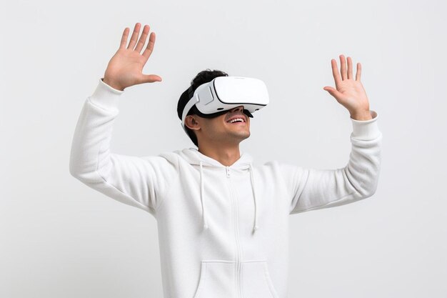 a man wearing a virtual reality headset with his hands up in the air