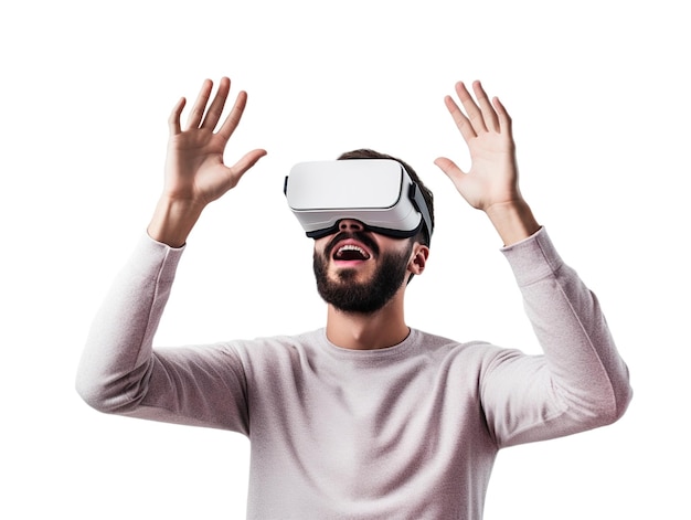 A man wearing a virtual reality headset with his hands up in the air.