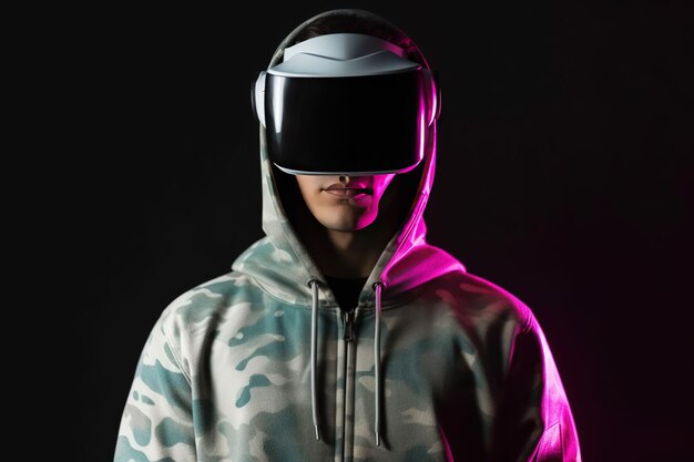 a man wearing a virtual reality headset with neon light isolated on black background