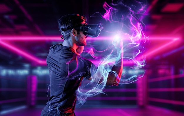 man wearing vr glass and punching at camera in neon boxing arena deviation