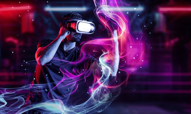 Photo man wearing vr glass and punching at camera in neon boxing arena deviation