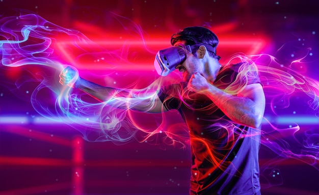 man wearing vr glass and punching at camera in neon boxing arena deviation