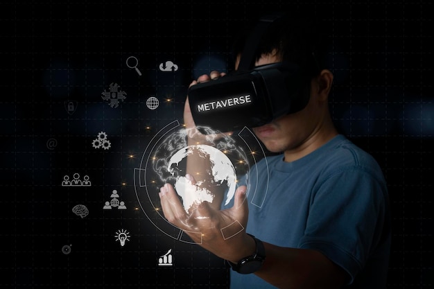 Man wearing VR glasses accessing Cloud Computing and Working with Digital Data.Virtual Global Internet connection metaverse. internet of things.Digital link tech, big data through internet technology.