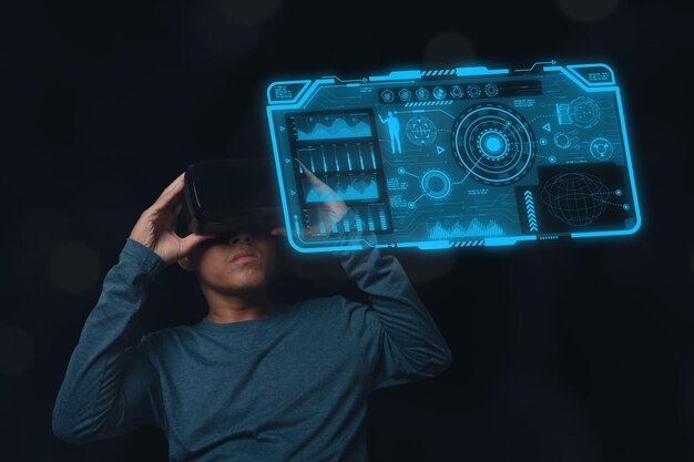 Photo man wearing vr glasses action plan strategy concept on virtual screen