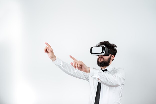 Man Wearing Vr Glasses And Pointing On Important Messages With Both Hands Businessman Having Virtual Reality Eyeglasses And Showing Crutial Informations With Two Fingers