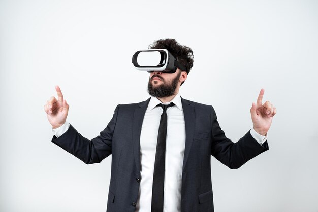 Man Wearing Vr Glasses And Pointing On Important Messages With Both Hands Businessman Having Virtual Reality Eyeglasses And Showing Crutial Informations With Two Fingers