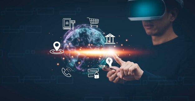 man wearing vr glasses virtual global internet connection metaverse networking sharing download and upload online documentation database and process automation to efficiently manage files technology