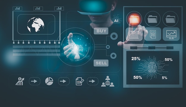 man wearing vr glasses virtual global internet connection metaverse networking, sharing download and upload,online documentation database and process automation to efficiently manage files technology.