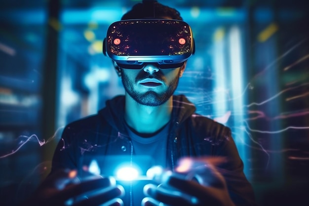Человек в очках виртуальной реальности увидит передовые технологии будущего в мире виртуального моделирования