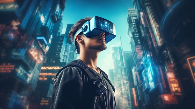 a man wearing a vr headset in a city