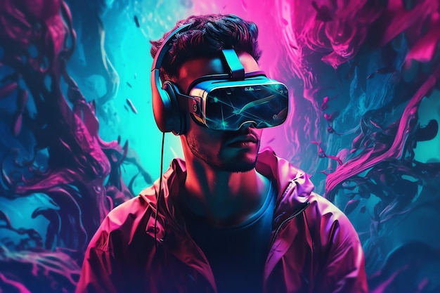 A man wearing a vr headset in front of a colorful background.