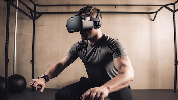 A man wearing a VR headset in a gym