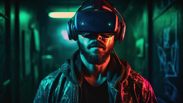 VR ヘッドセットを装着した男性が、ネオンに照らされた建物の前に立っています。