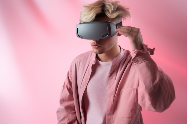A man wearing a vr headset stands in front of a pink background