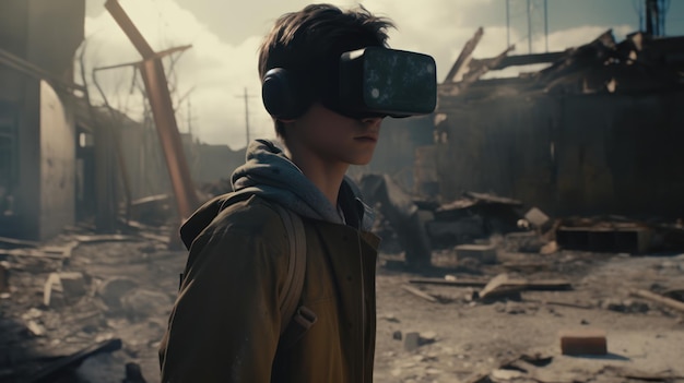 A man wearing a vr headset stands in a ruined building.