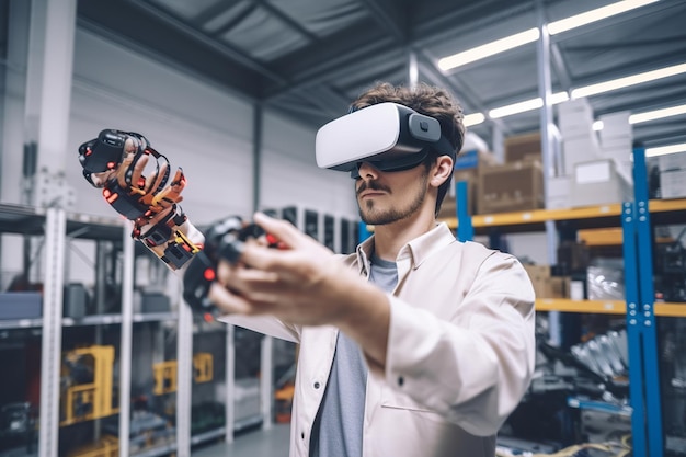 VR ヘッドセットを装着した男性が大型ロボットを手に倉庫に立っています。