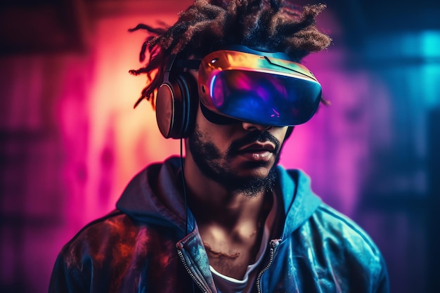 A man wearing a vr headset with a neon light behind him.