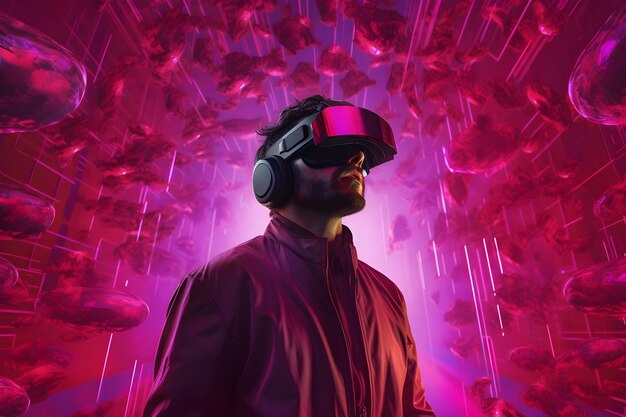 A man wearing a vr headset with a red shirt on.