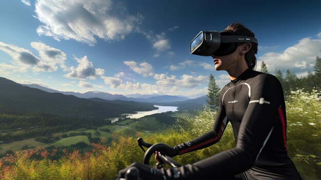 a man wearing a VR helmet sits on a smart cycling machine with an immersive digital landscape