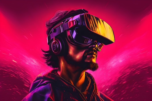 A man wearing a vr helmet stands in front of a pink background.