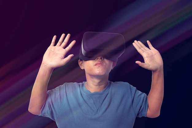 Man wearing VR virtual reality Headset virtual Global Internet connection metaverse