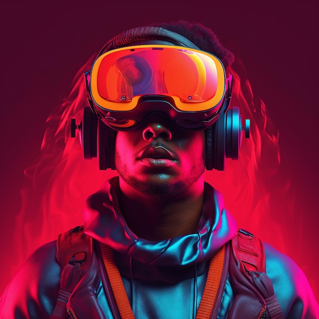 A man wearing a vrheadset stands in a dark room with a gradient neon background generative ai