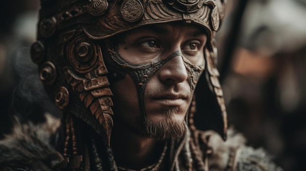 A man wearing a warrior helmet and a mask