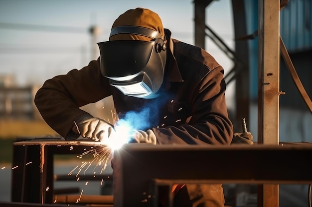 A man wearing a welding mask and a helmet is welding a piece of metal.