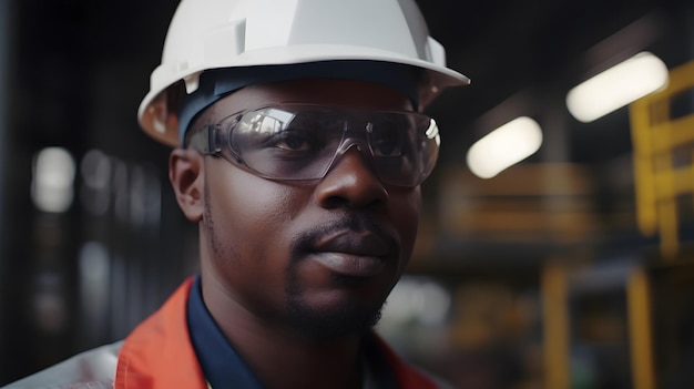 A man wearing a white hard hat and goggles stands in a factory.