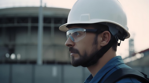 A man wearing a white hard hat and goggles stands in front of a building.