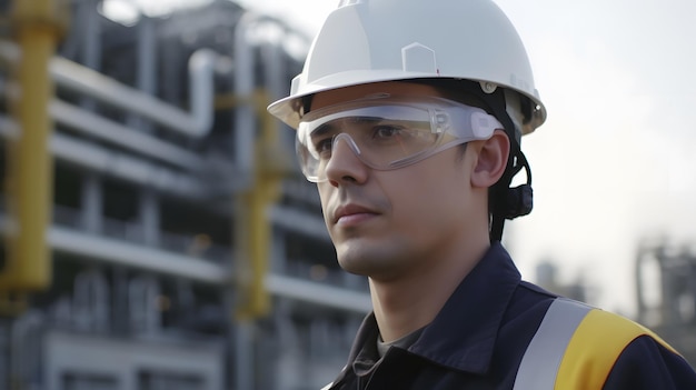 A man wearing a white hard hat and goggles stands in front of a factory.