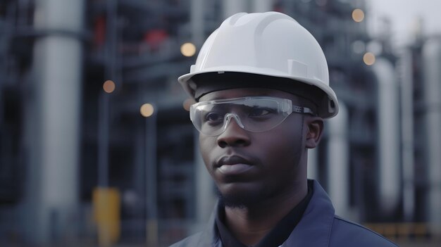 A man wearing a white hard hat and safety goggles stands in front of a factory.