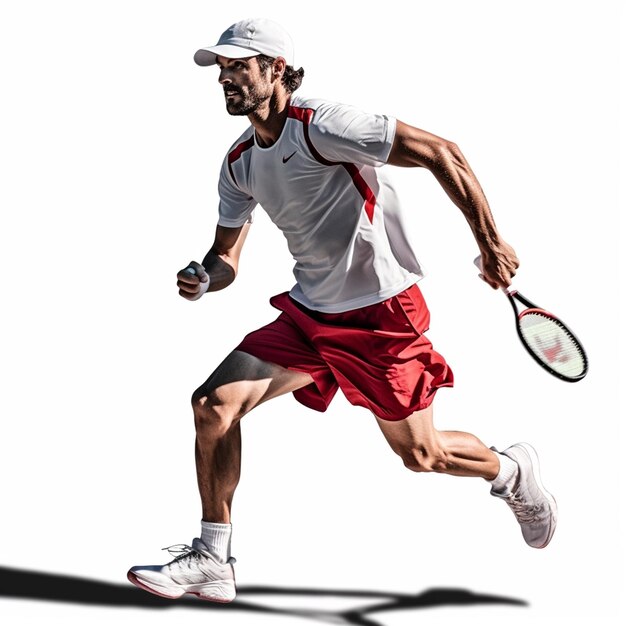 A man wearing a white hat and red shorts runs with a tennis racket.