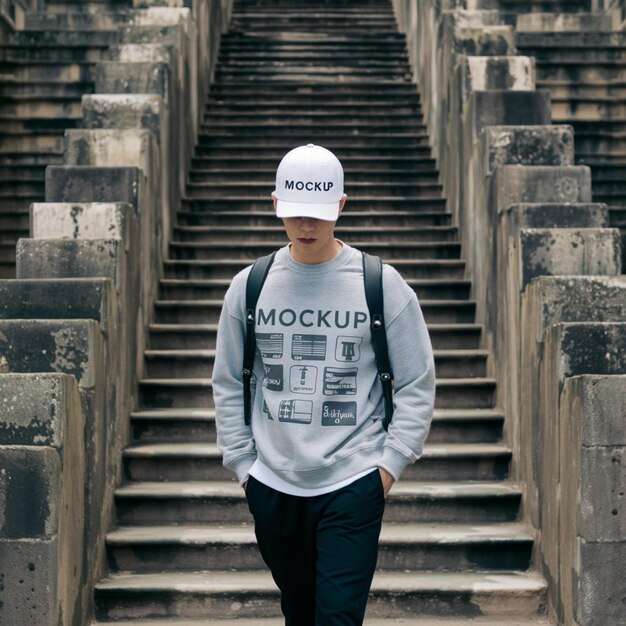 a man wearing a white hat and a white hat is walking down a staircase